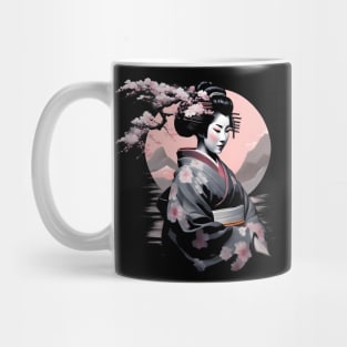 Japanese Geisha with Cherry Blossoms Black Mug